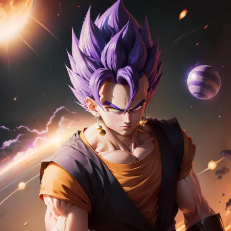 Vegetto with purple hair and purple eyebrow and yellow eyes with a planet being destroyed in the background