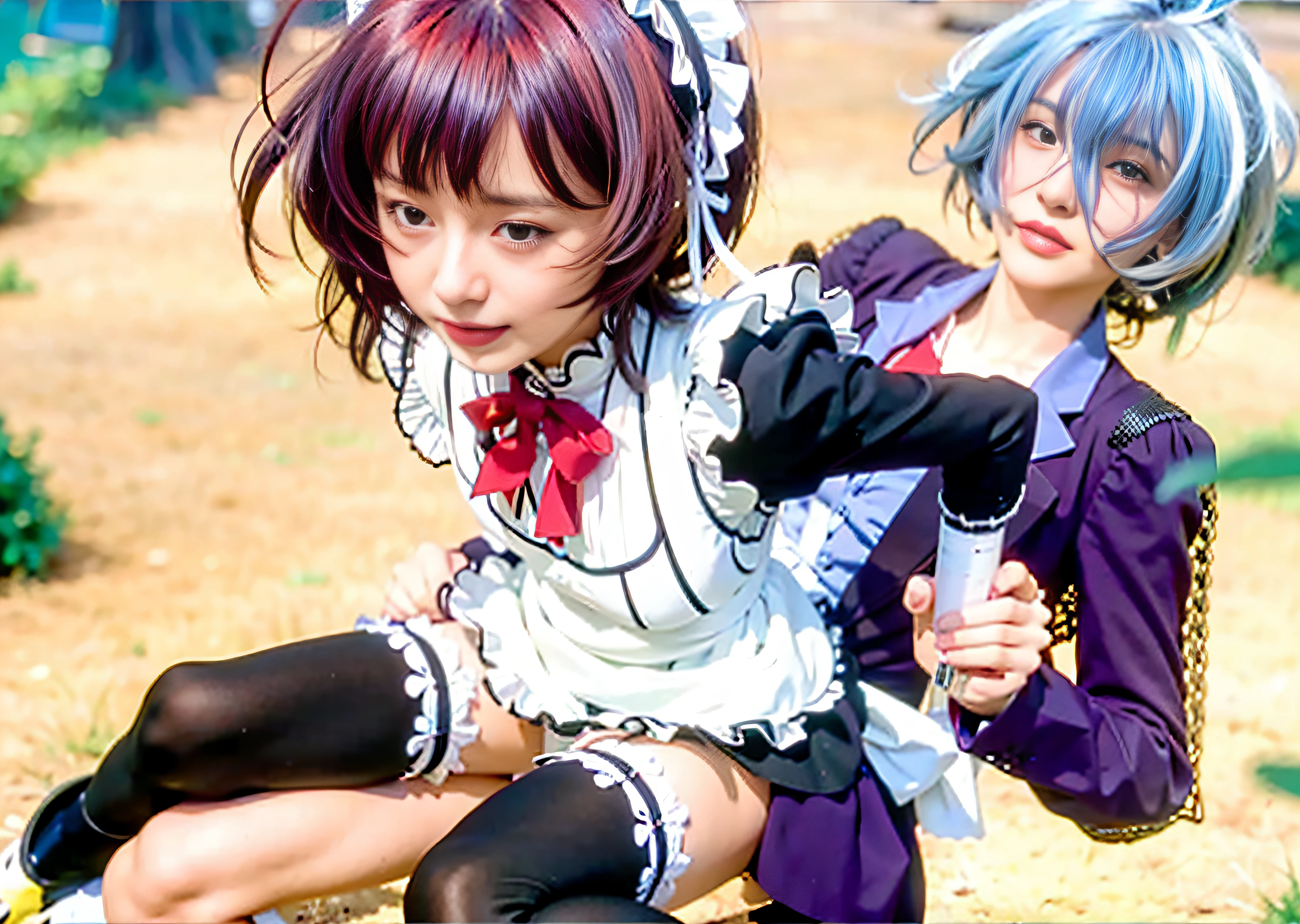 Two girls dressed in maid outfits posing for a picture - SeaArt AI