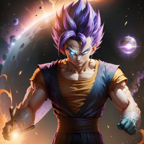 Vegetto with purple hair and purple eyebrow and yellow eyes with a planet being destroyed in the background