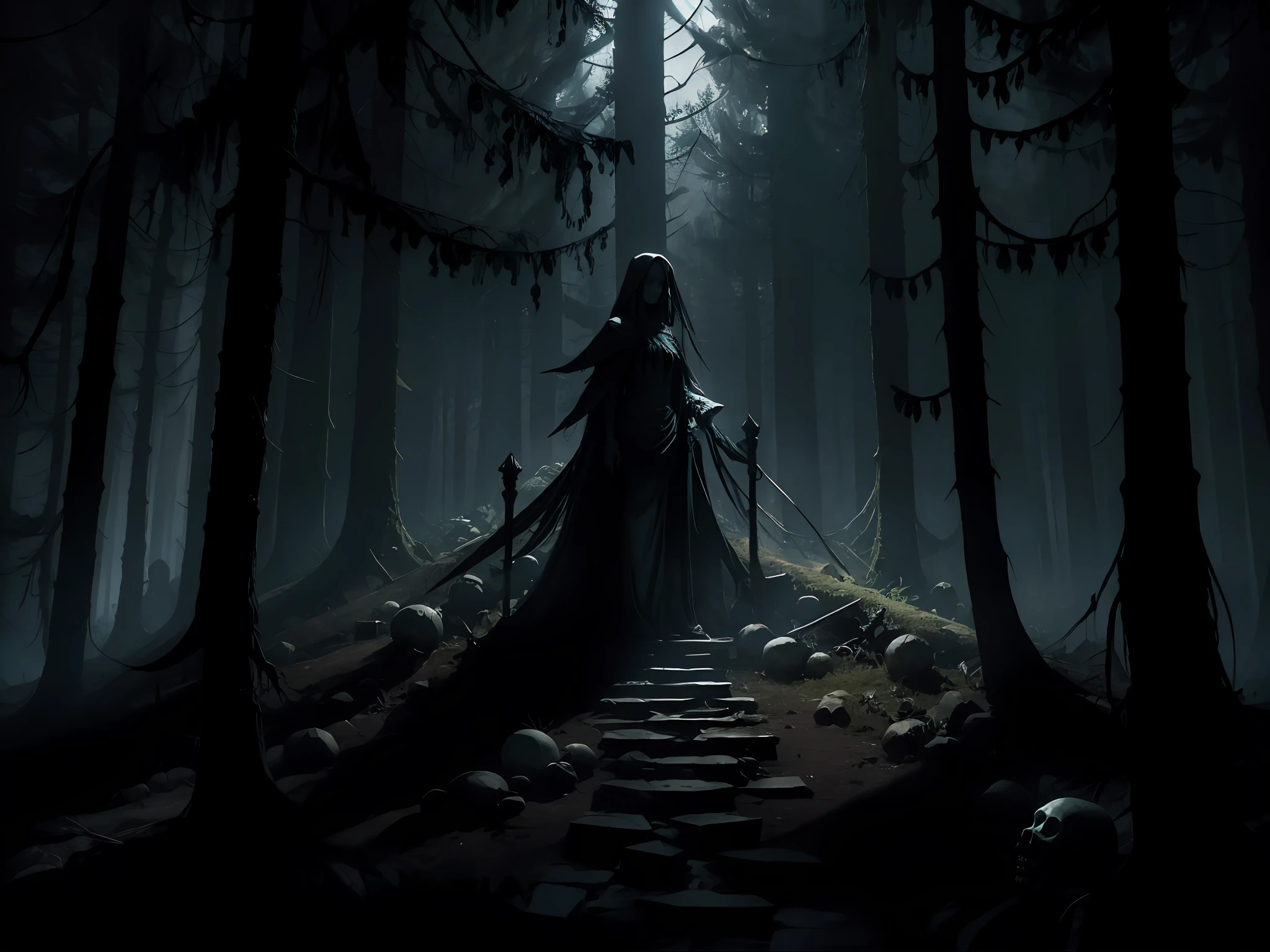 A dark haired woman in a long dress stands in the woods - SeaArt AI