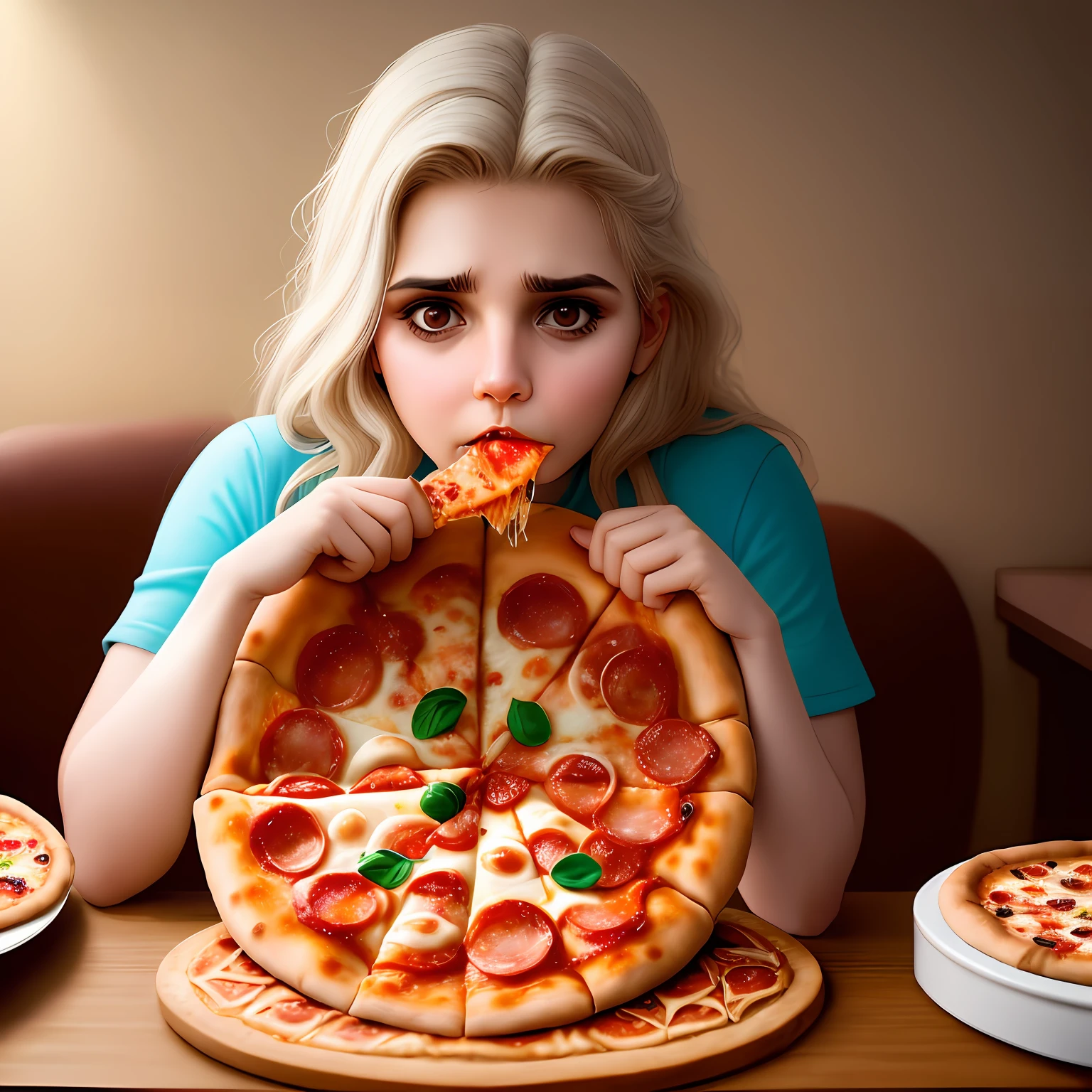 Blond woman eating a slice of pizza with pepperoni and basil - SeaArt AI