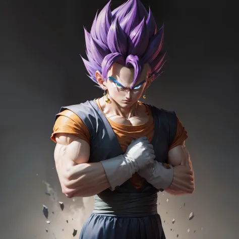 vegetto com cabelo roxo e sobrancelha roxa em pose de batalha