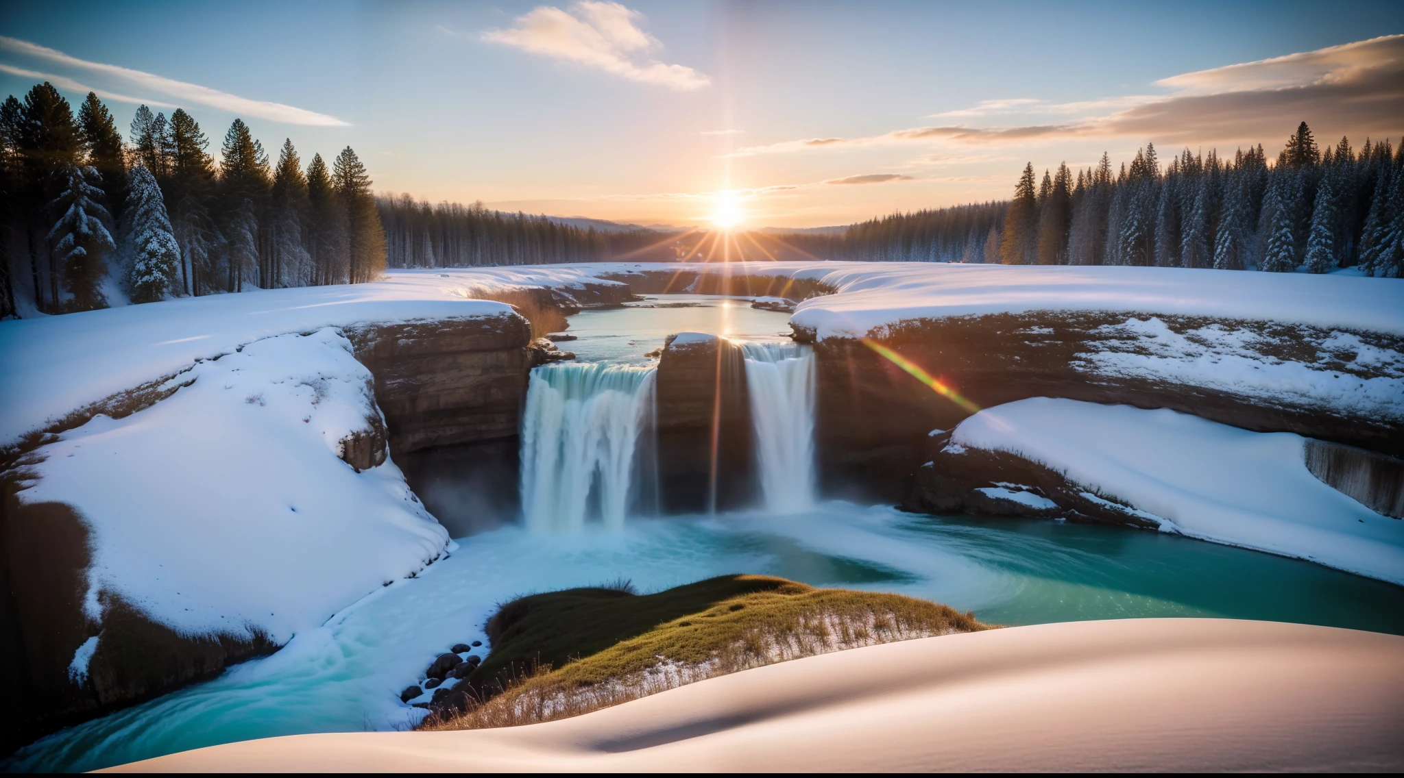 a hyper-realistic image, a high-quality photograph, a beautiful landscape, a river, (((waterfall))), trees, mountains on the horizon, pure blue sky with white clouds, (warm light:1.5), (snow:1.5), (sunset:1.5), (((to become night))), (((viewer's view at ground level))), (high resolution:1.5), Surrealism, Color Field painting, (16K:1.5), UHD, masterpiece, super detail, high details, high quality, award winning, best quality, highres, 1080P, HD, 16k