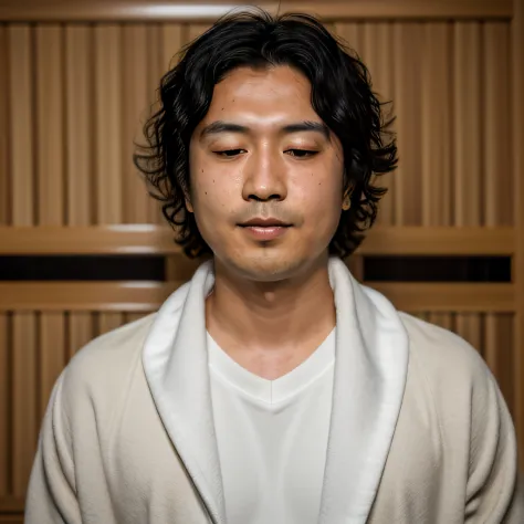 hidenori yamano, raw photo, 1人, solo, towel around neck, sauna, male focus, closed eyes, (highdetailskin:1.2), 8k  uhd, digital ...