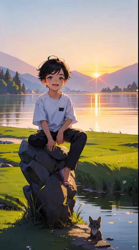 a happy little boy，dressed in casual attire，wear slippers，sit on the rocks of the meadow，the background is the village，there is ...