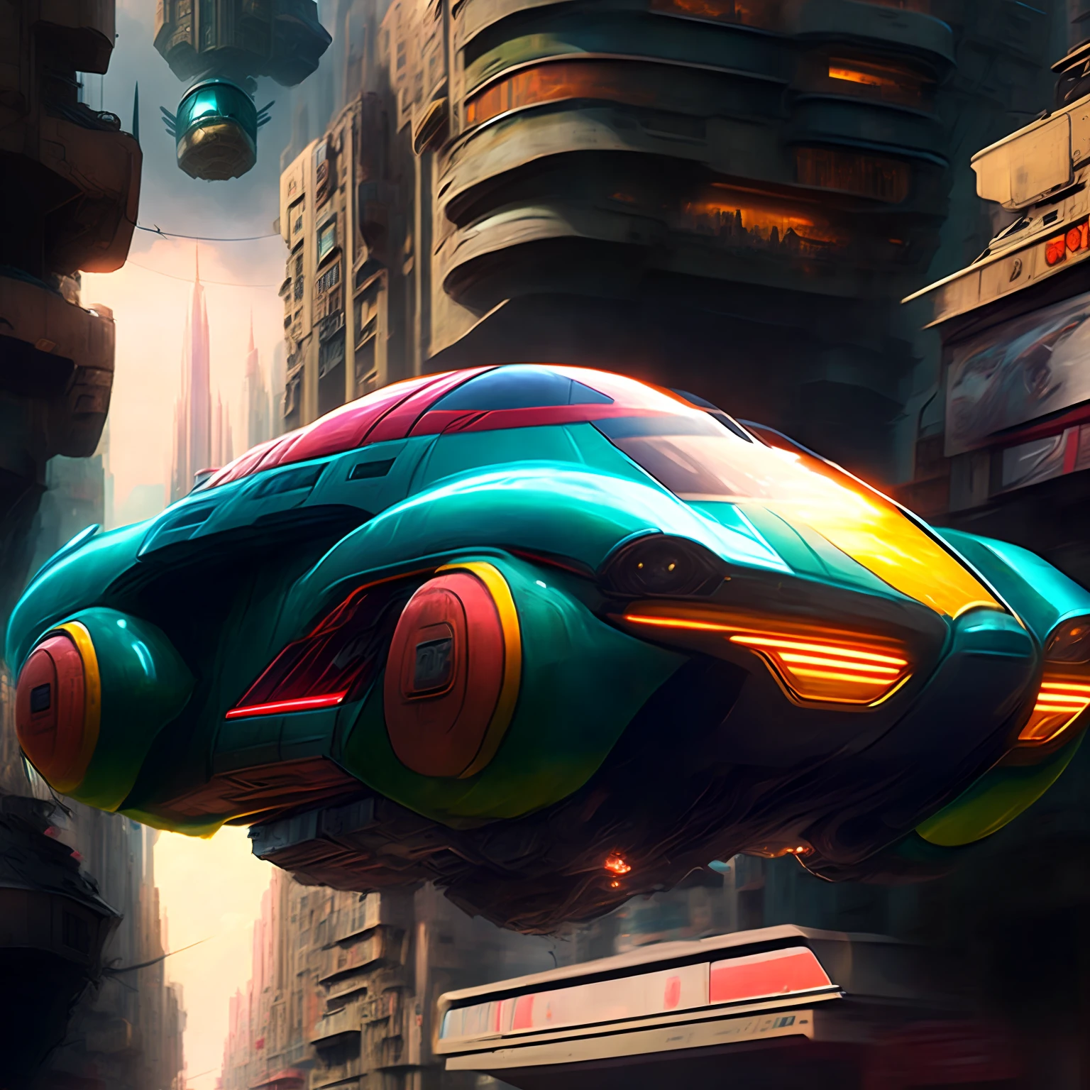 Carro flutuante em Mega-City One, juiz Dredd, realista, cinematic