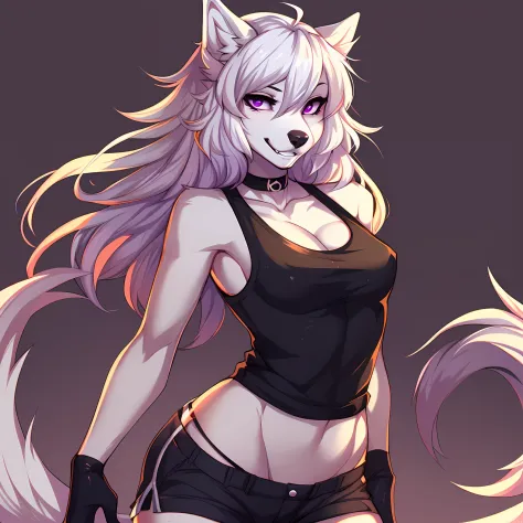 (By hyattlen, by fumiko, by claweddrip:1.2), solo, one girl, Cute white anthro furry wolf girl, female, white fur, white fluffy body, black nose, (cute snout:1.1), white fluffy tail, long white hair, simple solid purple eyes, highly detailed, canine teeth,...