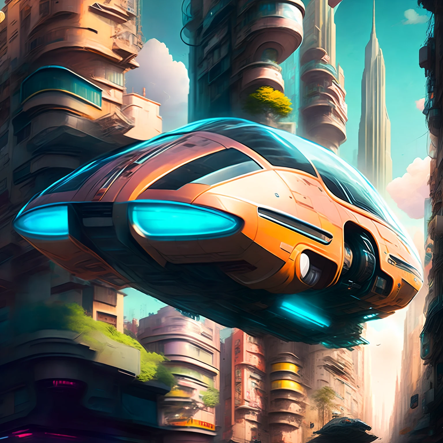 Hover Car in future metropolis, realistic, cinematic, cuberpunk, HOVERCAR STYLE, CAR, FLYING, AIR,CITY, STREET, THROUGH THE AIR, DRIVING, TALL, BUILDING, SCI - FI, CITYSCAPE