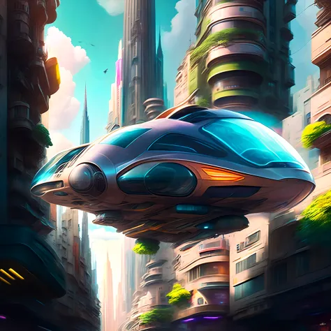 Hover Car in future metropolis, realistic, cinematic, cuberpunk, HOVERCAR STYLE, CAR, FLYING, AIR,CITY, STREET, THROUGH THE AIR,...