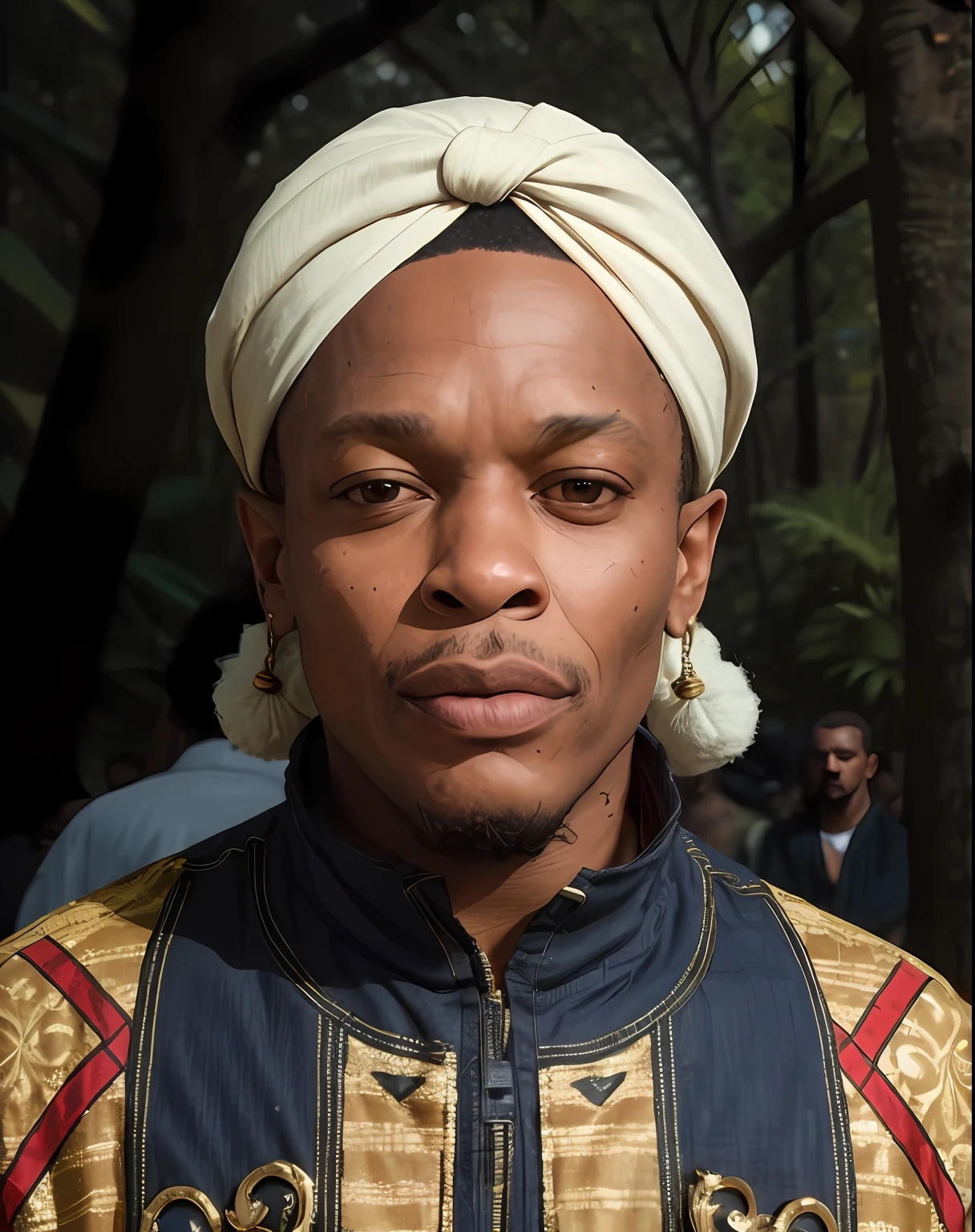 there is a man wearing a turban and a gold shirt, kehinde wiley, brown skin man egyptian prince, childish, maximus jacobs, tyler, portrait of ororo munroe, orisha, from kehinde wiley, turban, taken in the early 2020s, jemal shabazz, ornate turban, african man, riyahd cassiem. DR DRE. doctor dre famous rapper