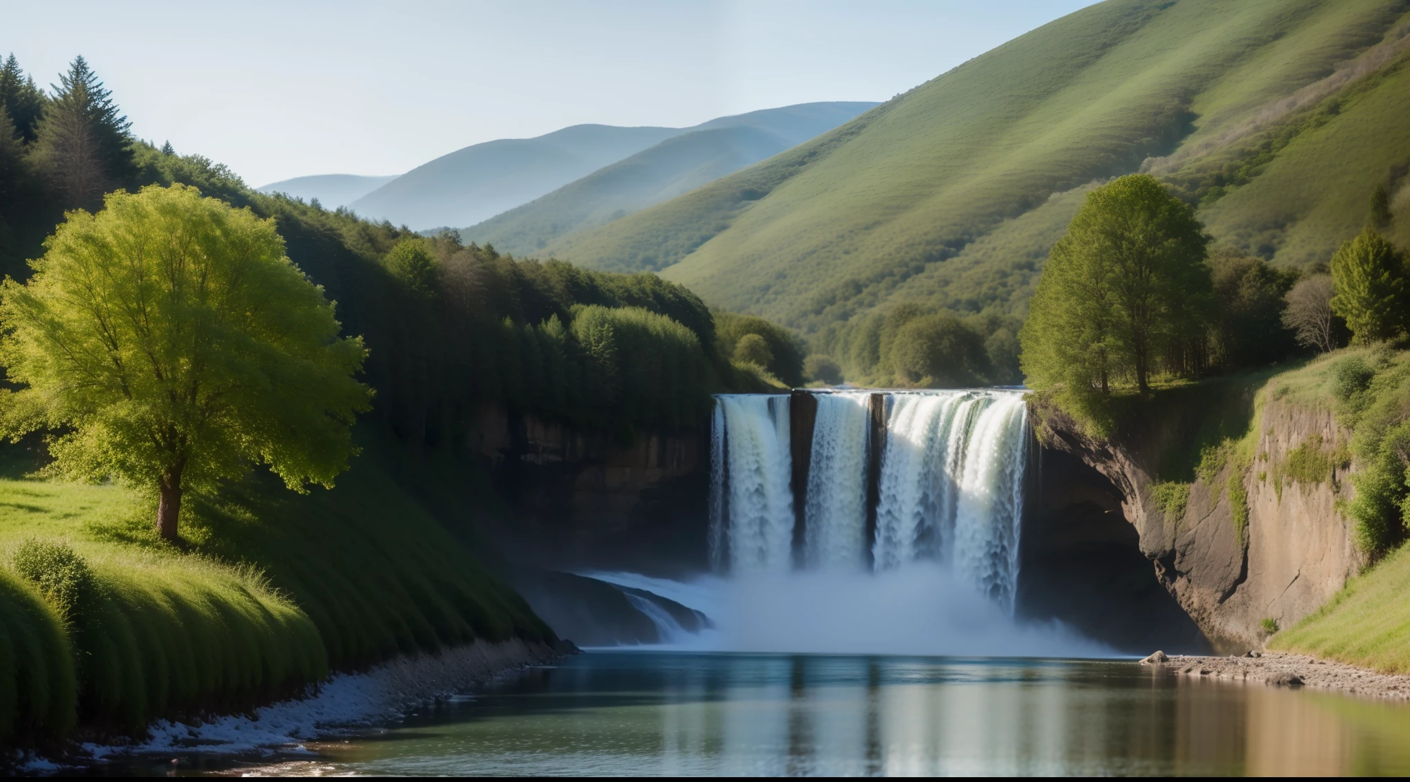 a hyper-realistic image, a high-quality photograph, a beautiful landscape, a river, (((waterfall))), trees, mountains on the horizon, pure blue sky with white clouds, (warm light:1.5), (snow:1.5), (sunset:1.5), (((to become night))), (((viewer's view at ground level))), (high resolution:1.5), Surrealism, Color Field painting, (16K:1.5), UHD, masterpiece, super detail, high details, high quality, award winning, best quality, highres, 1080P, HD, 16k