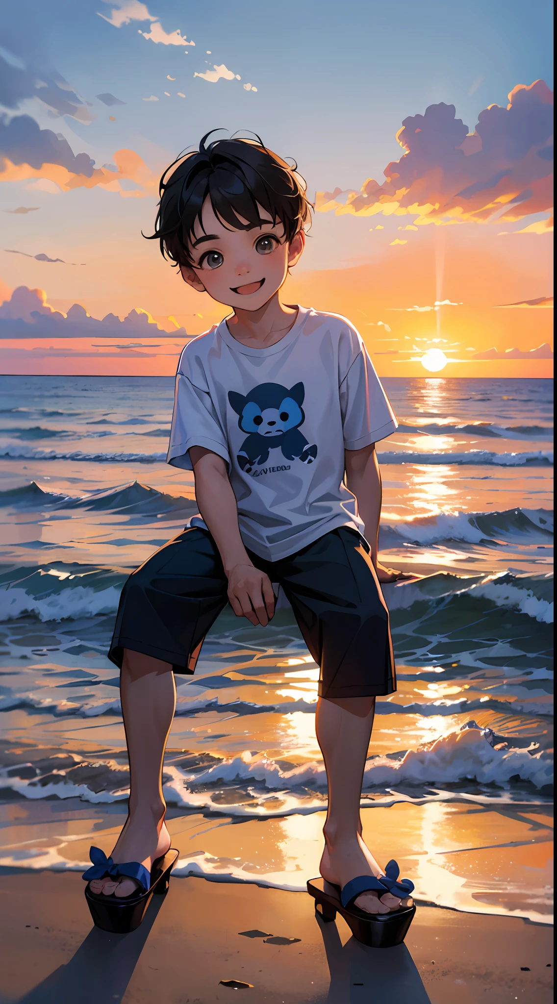 一個快樂的小男孩，穿著休閒裝，穿拖鞋，坐在礁石上，背景是海，旁邊有一隻可愛的小狗，日落和日落，面對相機，全身照片，超高清