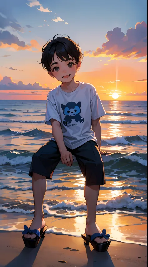 A happy little boy，Dressed in casual attire，Wear slippers，Sit on the reef，The background is the sea，There is a cute little dog n...