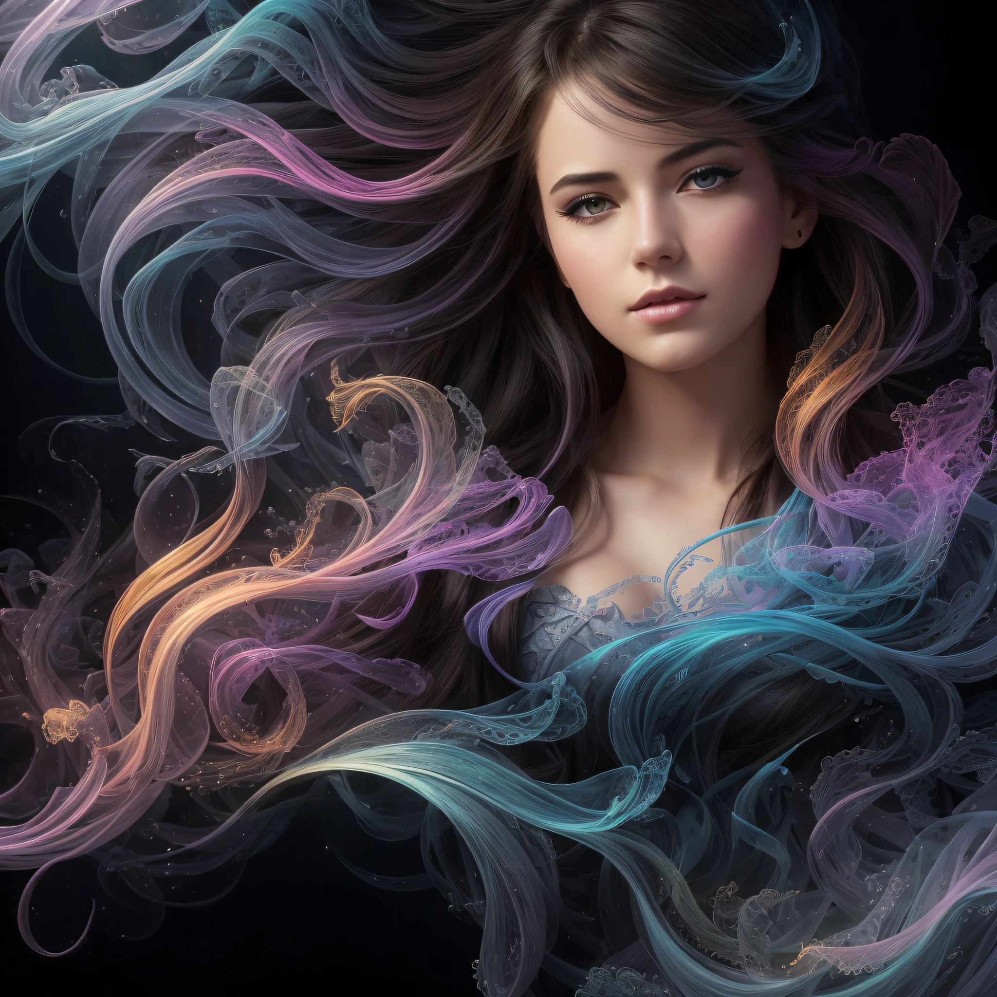 .Romanticism, UHD, attractive, ethereal, elegant, woman, beautiful, flawless, angelic, soft liquid rainbow smoke background, wind, fractal neon antimatter finish, highly detailed, trending on artstation, sharp focus, studio photo, intricate details, highly detailed, by Artgerm, Thomas Kinkade, Anna Dittmann, Gerhard Richter