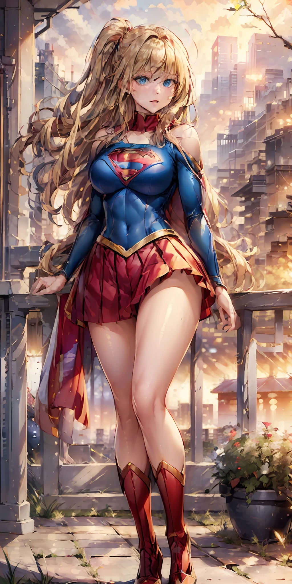 ((best quality, masterpiece, nonsense)),1girl:1.9, sexy, attractive Japanese woman, ( 18 years old, expressive blue eyes, shoulder-length blonde hair, long hair,loose and voluminous hair, huge bust proportional to body) wearing supergirl cosplay (supergirl suite custom cosplay), red pleated skirt,ecchi, terrace of 1 building