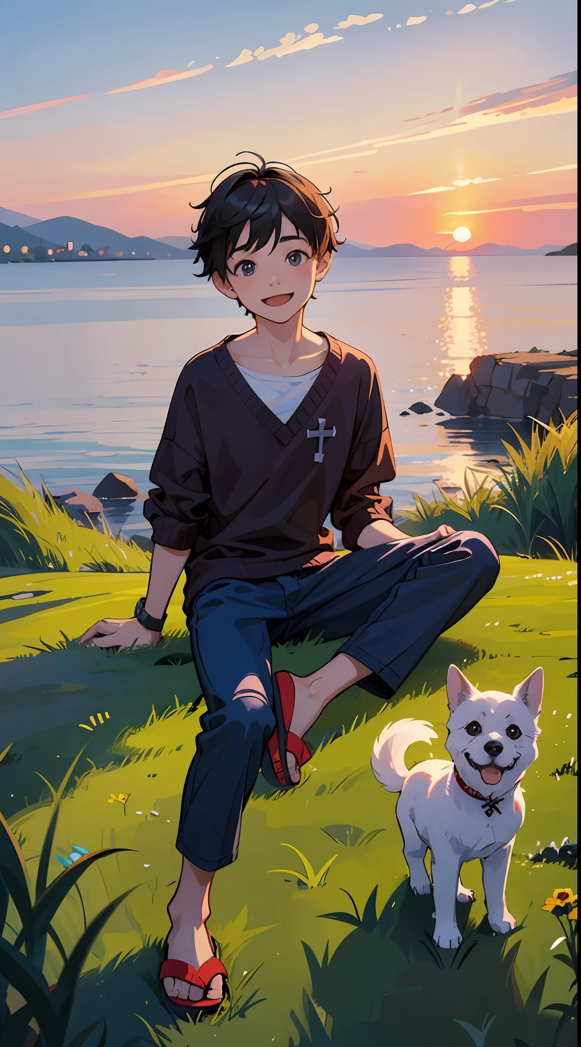 幸せな少年，カジュアルな服装をしている，スリッパを履く，芝生の上に座る，背景は海を渡る橋，隣にはかわいい犬がいます，夕焼けと夕焼け，カメラに向かって，全身写真，超高解像度