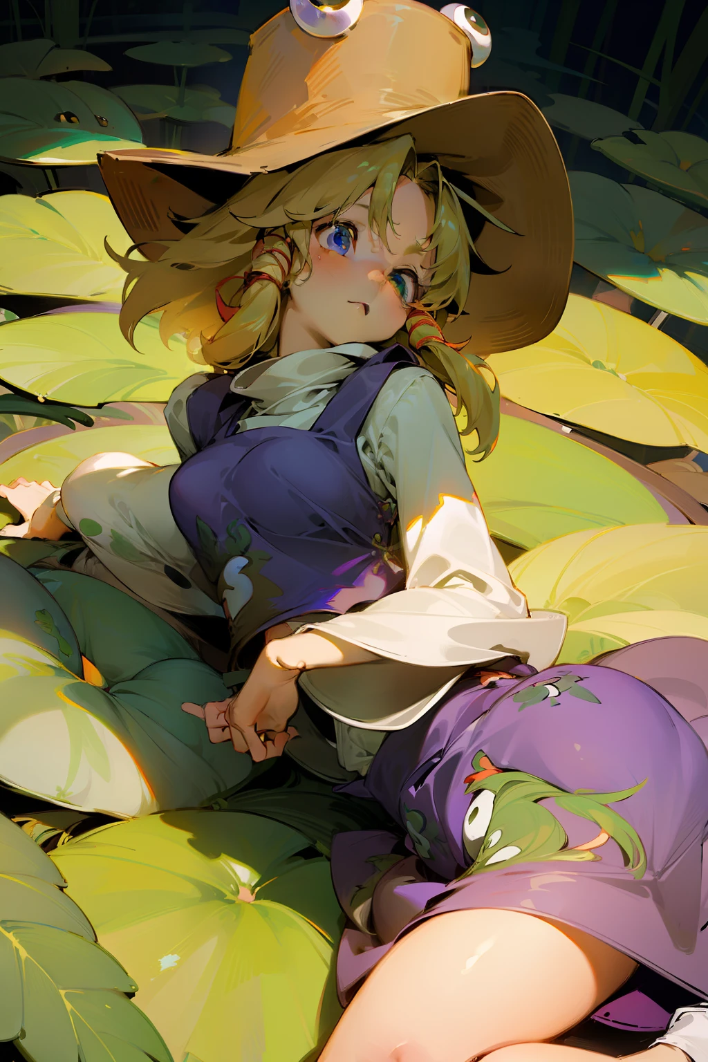 (masterpiece),best quality, expressive eyes, perfect face, 1girl,
big breast, H-cup, good breast, beautiful, gorgeous ,large breast, laying down, laying down facing ground ,moriya suwako,
frog print,
1girl, hat,blonde hair, white shirt,purple skirt