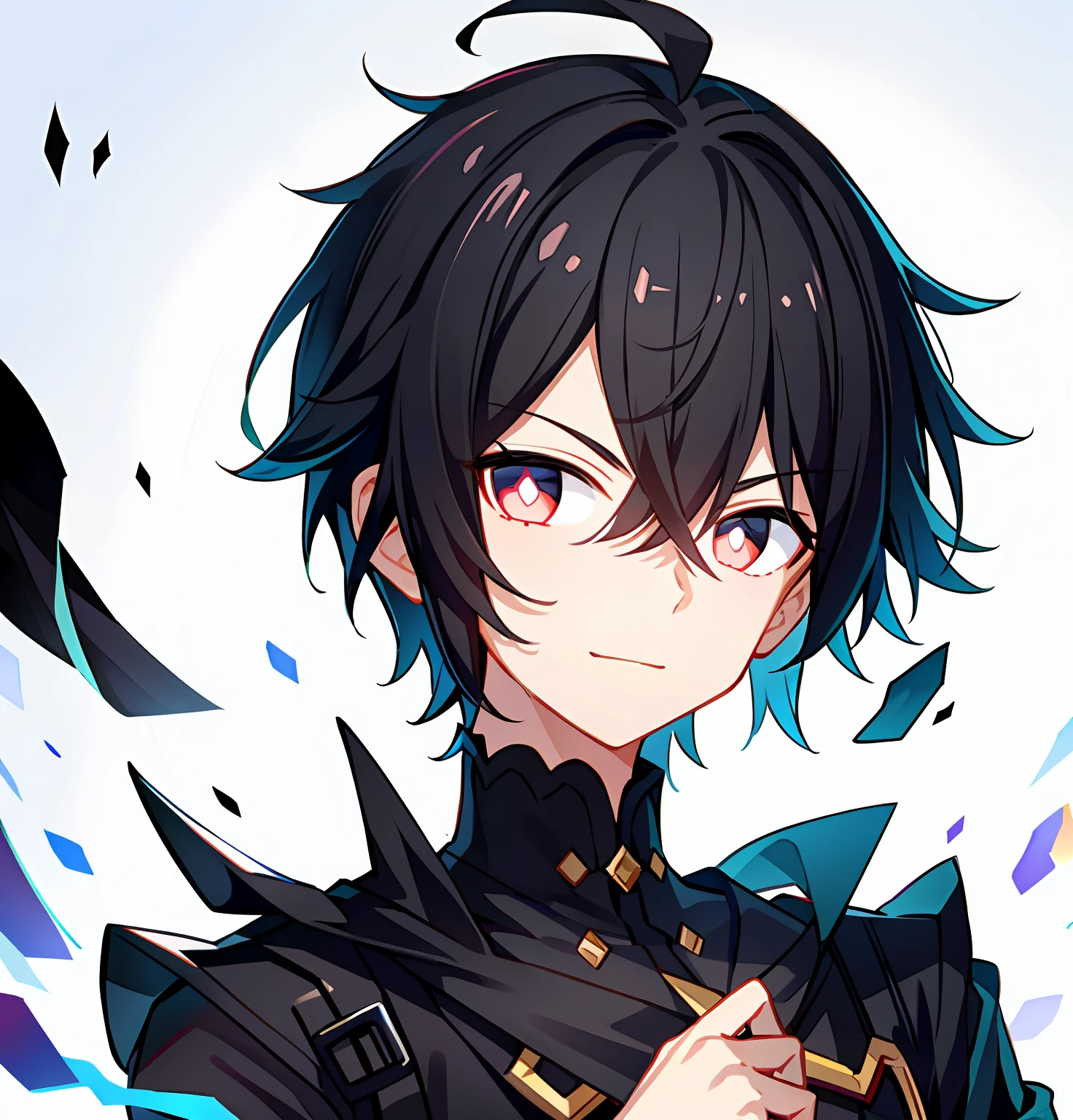 Boy with black hair，The expression is serious，Eyes resolute，A slight smil，Short hair，sideface，Left hand open