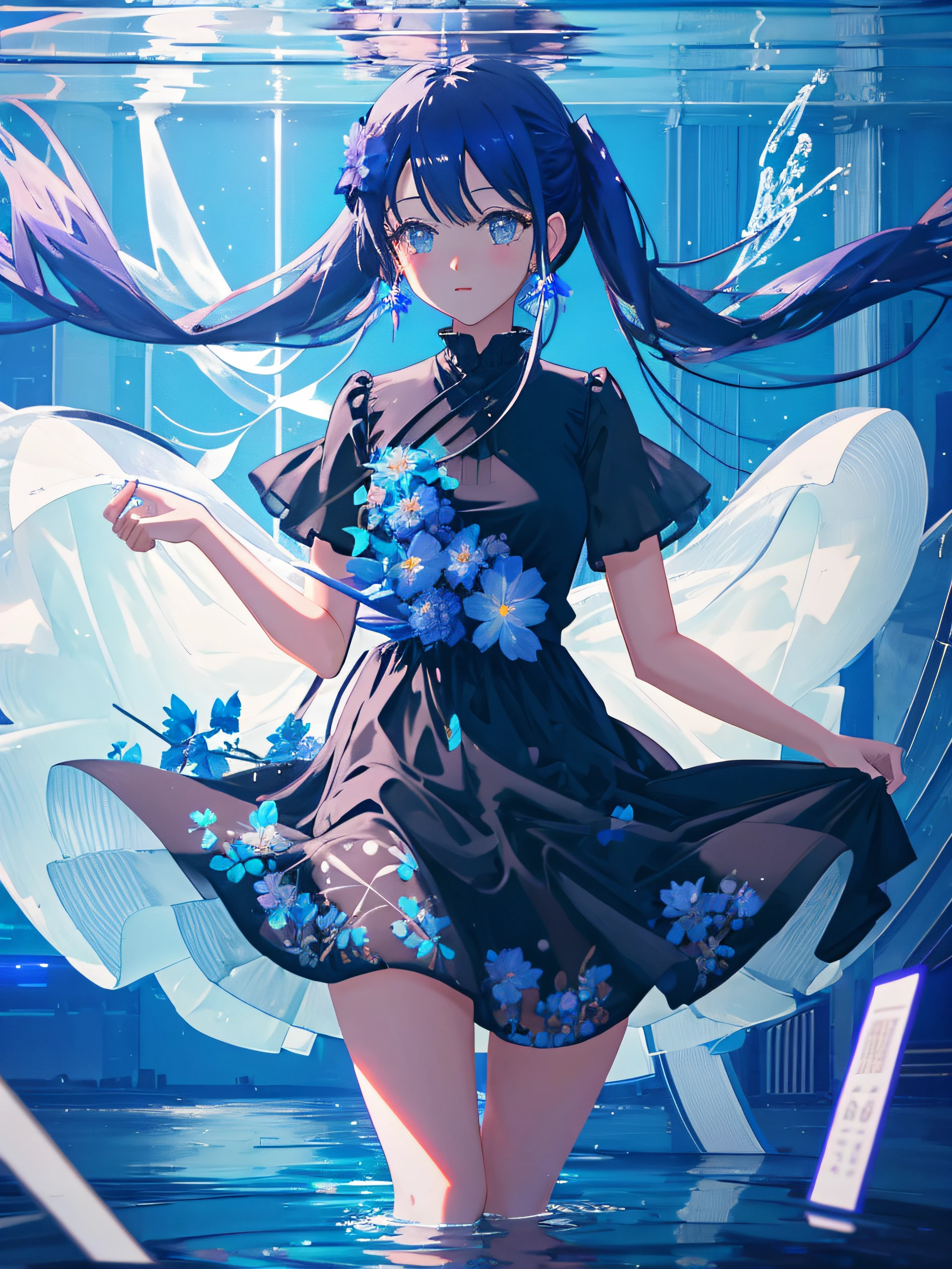 1girl, floating in the sky, black short twin tail hair, small breasts, blue flower patterned sundress, thighs, towering city in background, mirrored water below, soft lighting, masterpiece, best quality, movie still