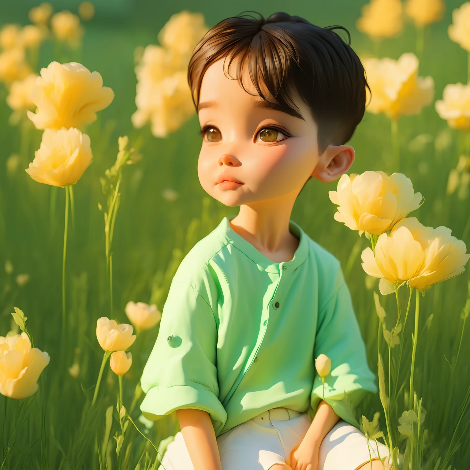 Anime style cute boy, Light brown bun hair, honey-colored eyes, light blue outfit, Tiffany green tones in the background, Beautiful yellow hearts floating, cute baby boy, olhos grandes e brilhantes.
