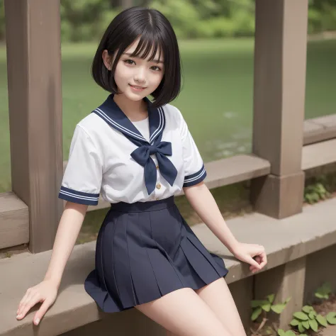 With the best image quality、Teenage girl standing outdoors。In high resolution、Beautiful fine details、tranquil atmosphere。(((Black hair bob hair)))、Cute smile。White short-sleeved sailor suit、Navy blue pleated skirt、Navy blue socks、Brown loafers