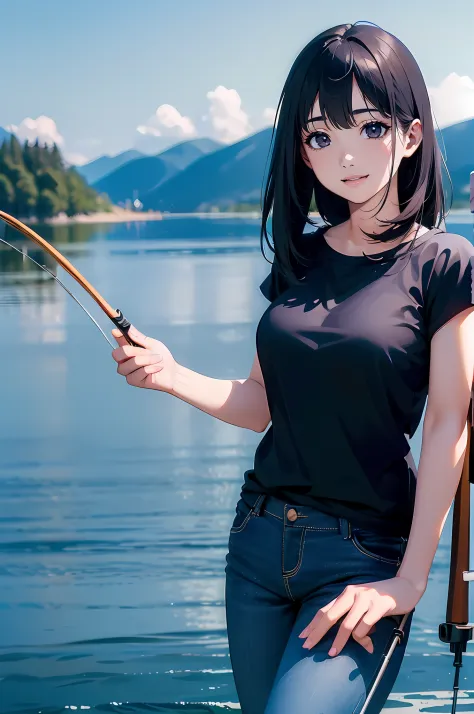 (((have a fishing rod by the lakeside:1.1))),((Best quality, Masterpiece :1.3)),1 japanese mature female,black hair, longeyelash...