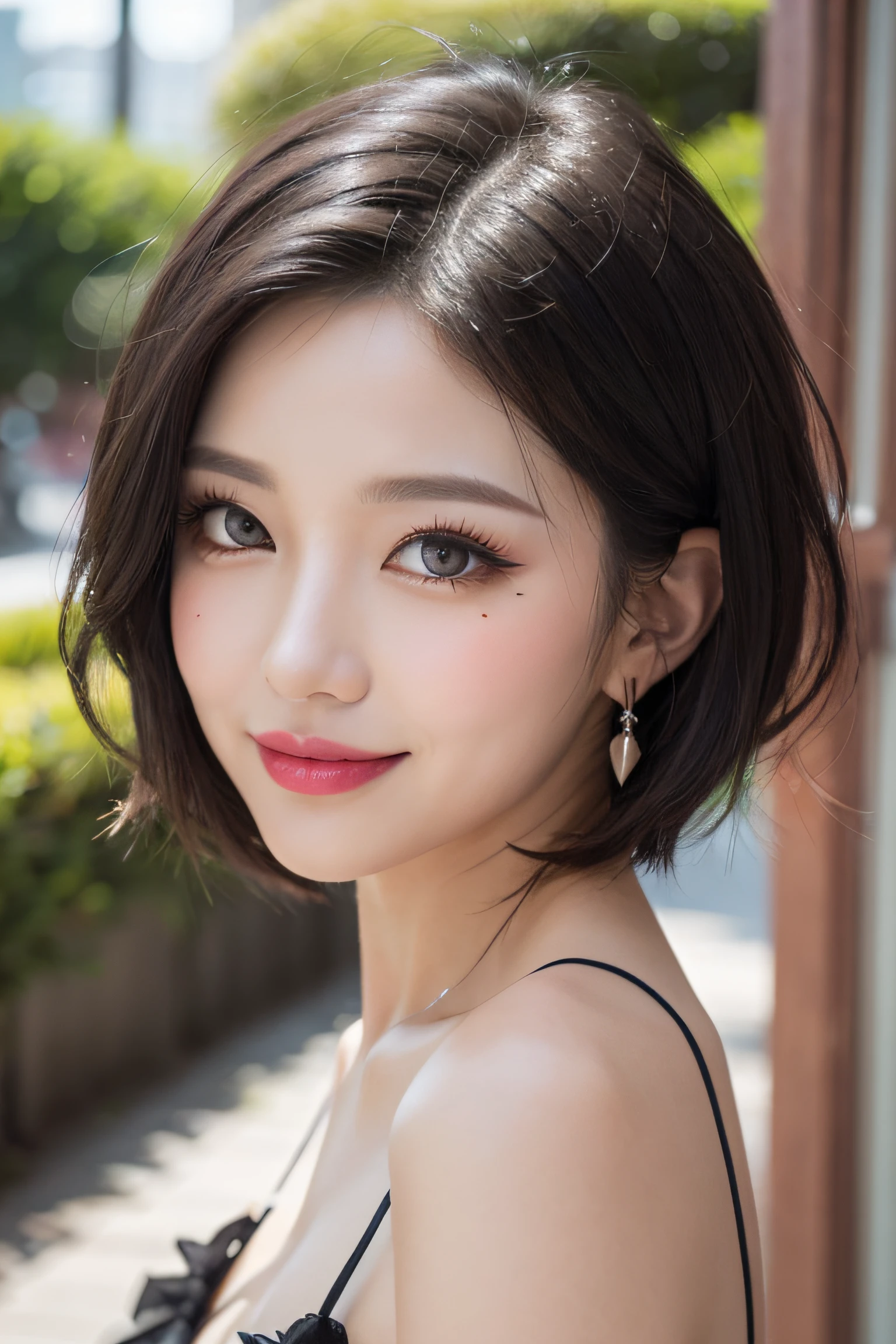 black hair, hair bobbles, longeyelashes, solid circle eyes, light smile, mole under eye, heart earrings, light smile, shy, puckered lips, Surrealism, drop shadow, stereogram, pov, atmospheric perspective, depth of field, first-person view, f/1.8, 8k, super detail, ccurate, best quality, highres, best quality,short cut hair, (beautiful detailed makeup), (sexually aroused blushing heavy breathing:1.0), (soft glow bloom:0.5),mole under eye:1.4,upper body,smile:1.2