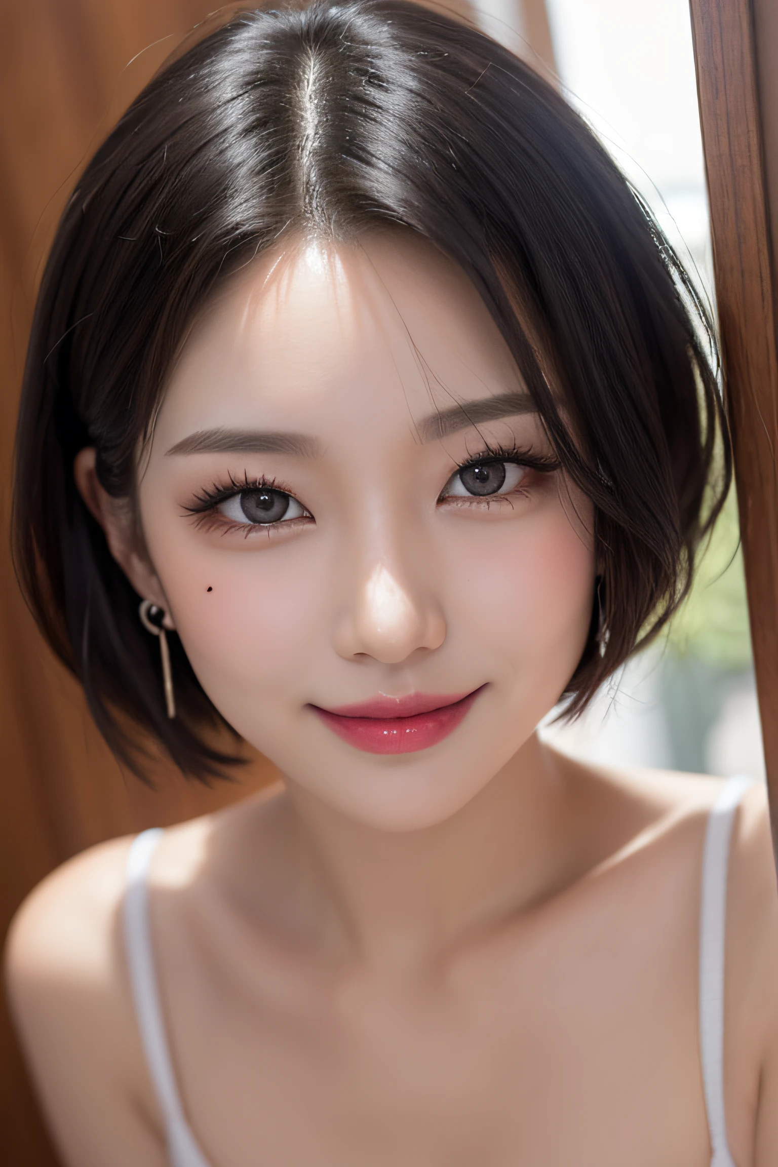 black hair, hair bobbles, longeyelashes, solid circle eyes, light smile, mole under eye, heart earrings, light smile, shy, puckered lips, Surrealism, drop shadow, stereogram, pov, atmospheric perspective, depth of field, first-person view, f/1.8, 8k, super detail, ccurate, best quality, highres, best quality,short cut hair, (beautiful detailed makeup), (sexually aroused blushing heavy breathing:1.0), (soft glow bloom:0.5),mole under eye:1.4,upper body,smile:1.2