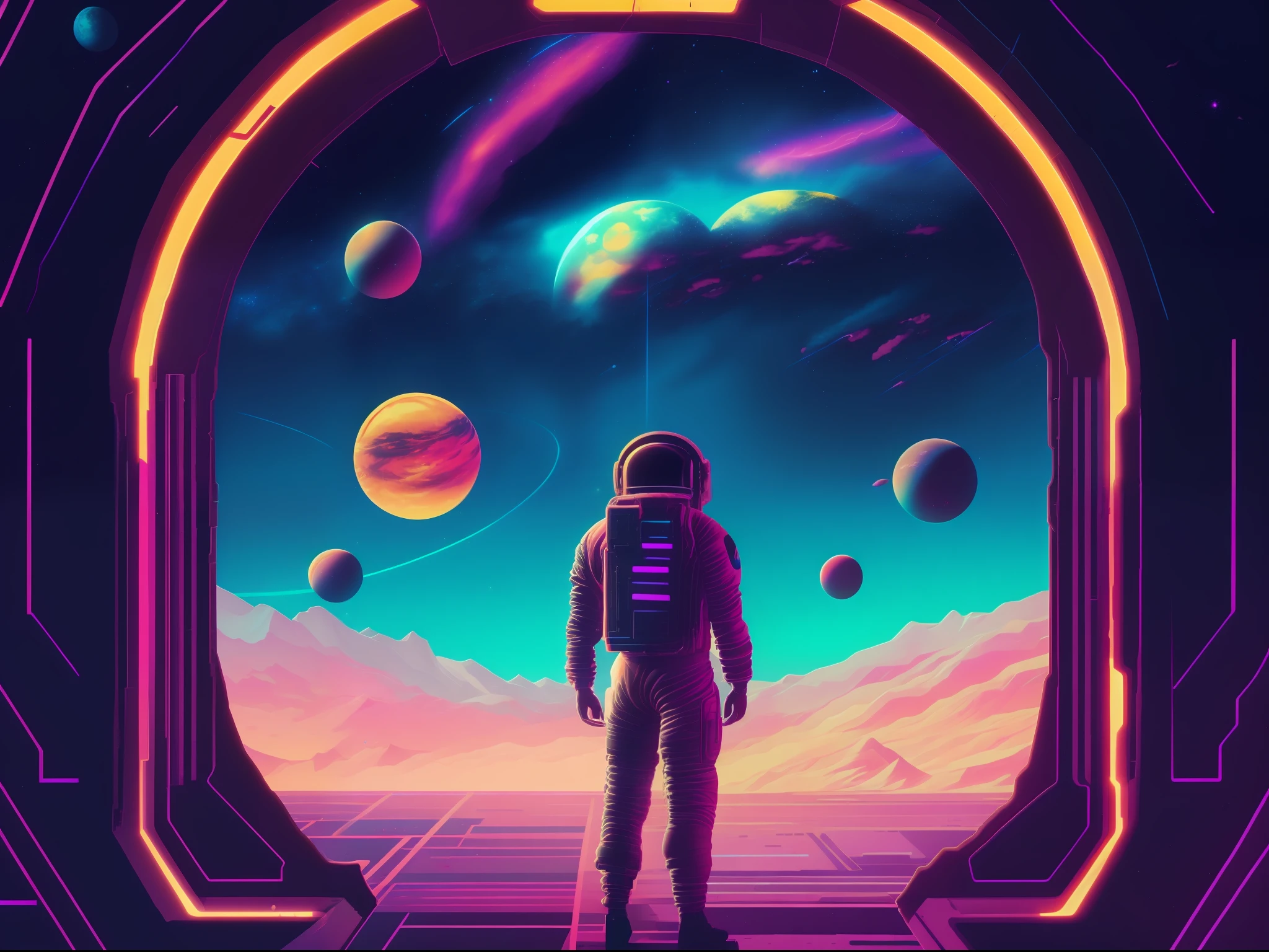 Ein Mann im Raumanzug steht vor einer Tür, portal to Weltraum, Blick in den Weltraum, Neonlandschaft, masterpiece epic retrowave kunst, epic retrowave kunst, Synthwave Art style, retrowave kunst, schöne Kunst uhd 4k, Outrun-Kunststil, Retrowave-Epos-Kunst, Dampfwelle,Retro-Welle, Synthwave Art, Outrun-Stil und Farben,jen bartel,surrealer Raum,Fantasiewelten, Weltraum.