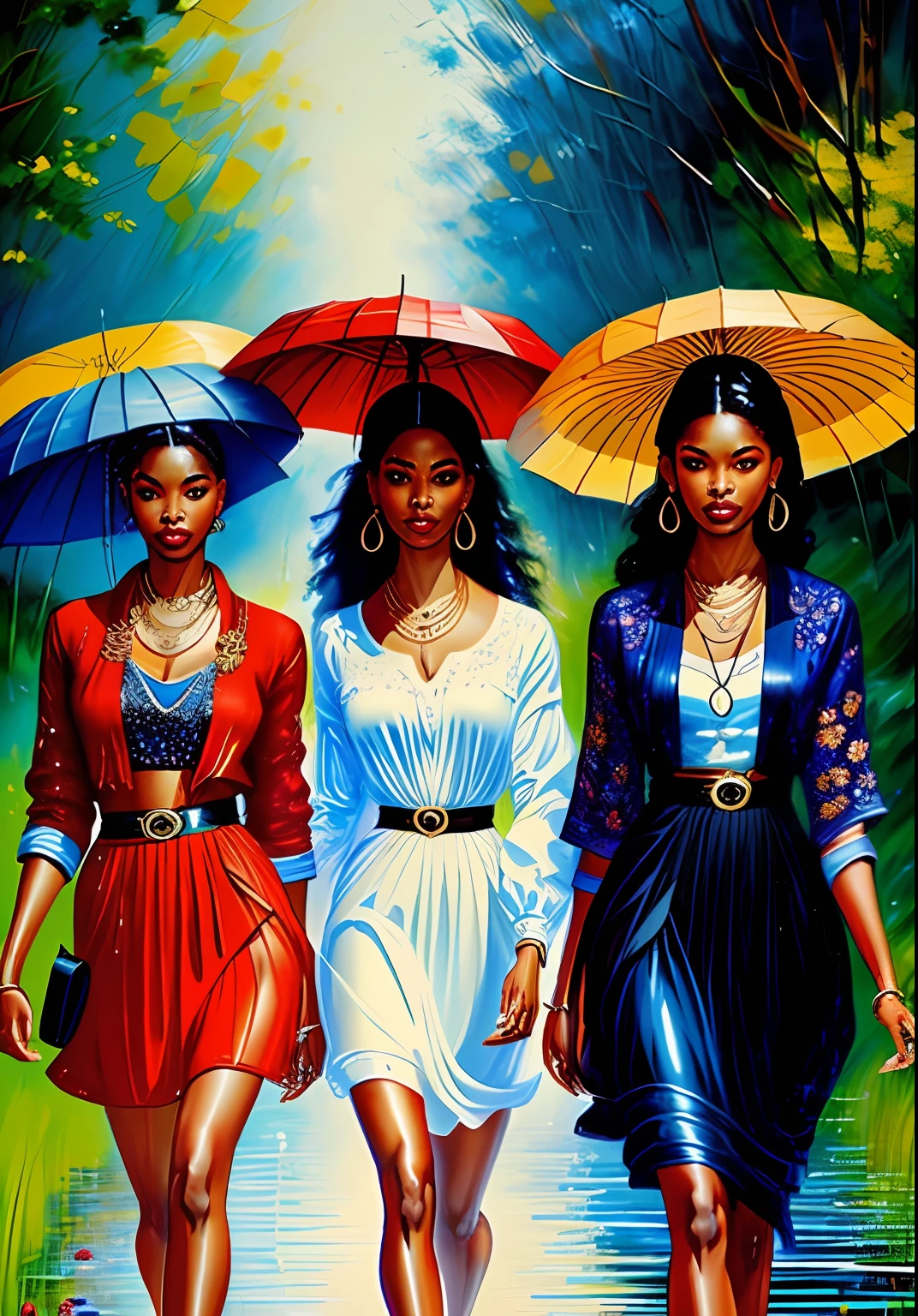 three black fashion model women in designer clothes beautiful jewelry, with umbrellas walking in the rain with lotus flowers, beautiful painting of friends, beautiful women, by Charles Roka, inspiring art, beautiful painting, elegant oil painting, standing gracefully on a lotus, beautiful girls, art painting, beautiful painting, colorful oil painting, beautiful art, goddesses, oil art, intricate oil painting,  beautiful artwork, high definition, 4K