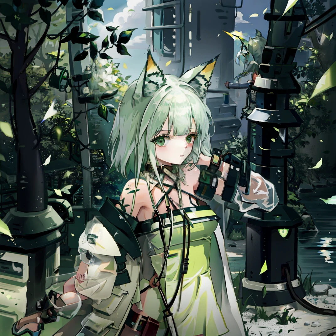 1girl, animal_ears, kal'tsit_\(arknights\), collar, solo, green_eyes, bare_shoulders, silver_hair, looking_at_viewer, green_dress, dress,  white_jacket, album covers, boots,