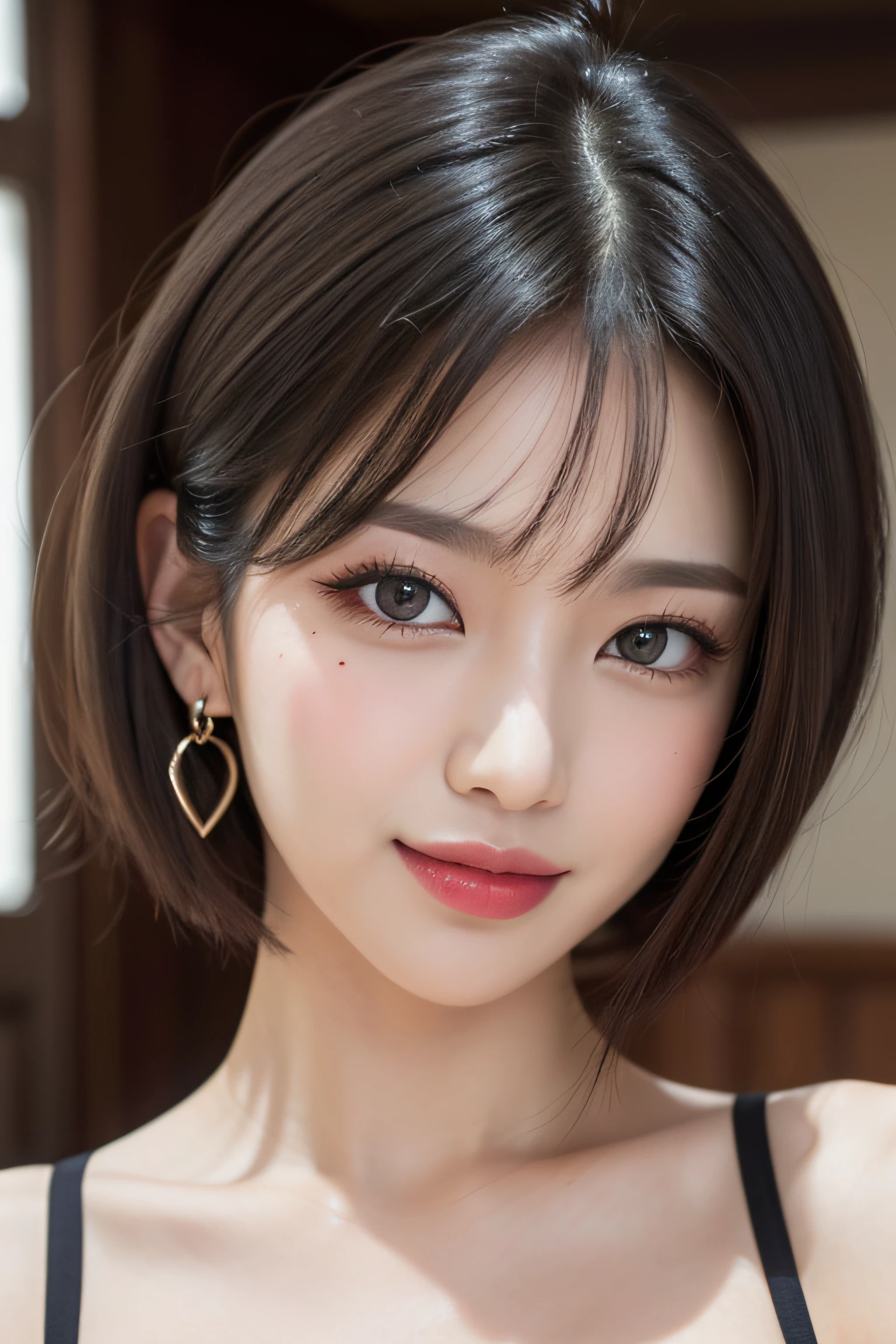 black hair, hair bobbles, longeyelashes, solid circle eyes, light smile, mole under eye, heart earrings, light smile, shy, puckered lips, Surrealism, drop shadow, stereogram, pov, atmospheric perspective, depth of field, first-person view, f/1.8, 8k, super detail, ccurate, best quality, highres, best quality,short cut hair, (beautiful detailed makeup), (sexually aroused blushing heavy breathing:1.0), (soft glow bloom:0.5),mole under eye:1.4,upper body,smile:1.2