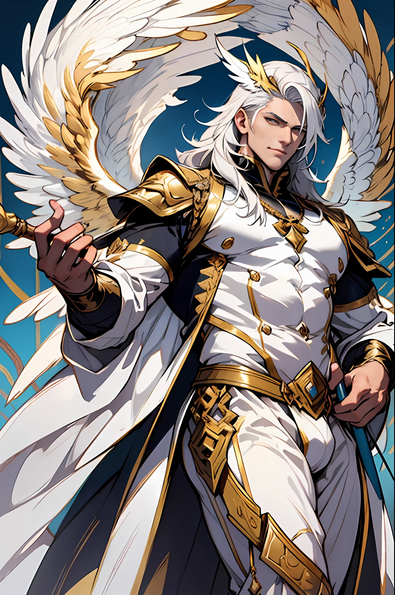 Caius is a handsome male, stands at 7ft tall. He has an athletic body structure. He wears royal attire thats silver and gold. He has beautiful white silky hair and an golden color. He is seen with a staff. He has huge white wings. A big bulge in his pants. White Phoenix human form