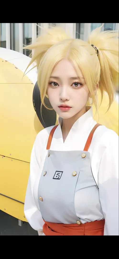 1girl, temari, yellow hair, long hair, yellow eyes, very big breasts, white clothes, realistic, ultra detail, outdoor background