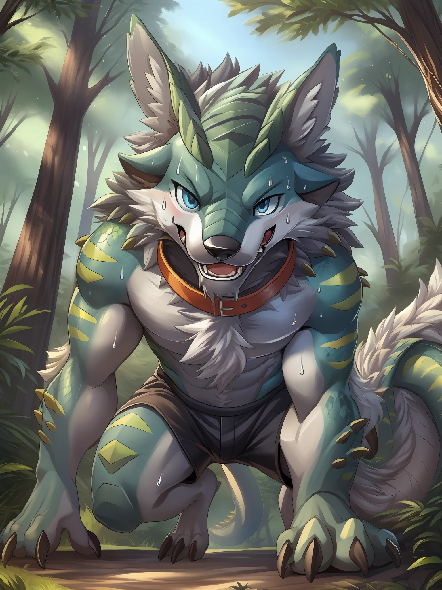 eyes with brightness, in a panoramic view, Character focus ，Full body like，solo, shaggy, Furry male wolf， Black fur for men, blue color eyes, Gray hair(The long），Bare body，Black  shorts（Green stripes），In the forest，Stand on the steps，Handsome， There are lizard tails，Bust，drools，Collar，having fun，Say hello to the camera，Reveal cute beast claws，Sweat，sportrait,, dynamic angle，Sharp claws