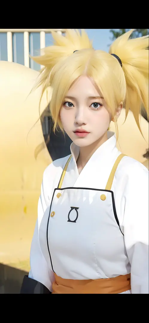 1girl, temari, yellow hair, long hair, yellow eyes, very big breasts, white clothes, realistic, ultra detail, outdoor background