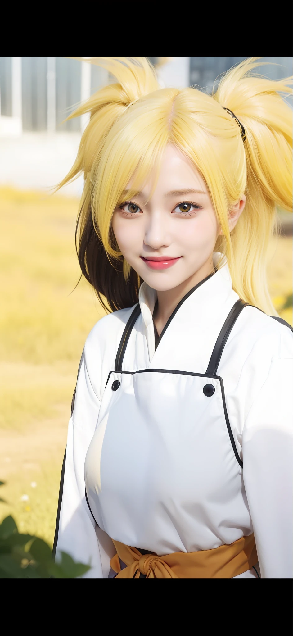 1 Mädchen, Temari, gelbes Haar, lange Haare, gelbe Augen, lächeln, sehr große Brüste, Weiße Kleidung, realistisch, Ultra-Detail, Outdoor-Hintergrund