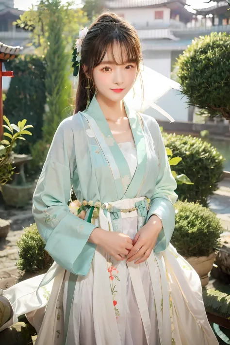 a girl in hanfu, with acient chinese clothes, light green hanfu, traditional chinese clothing, wearing ancient chinese clothes, ...