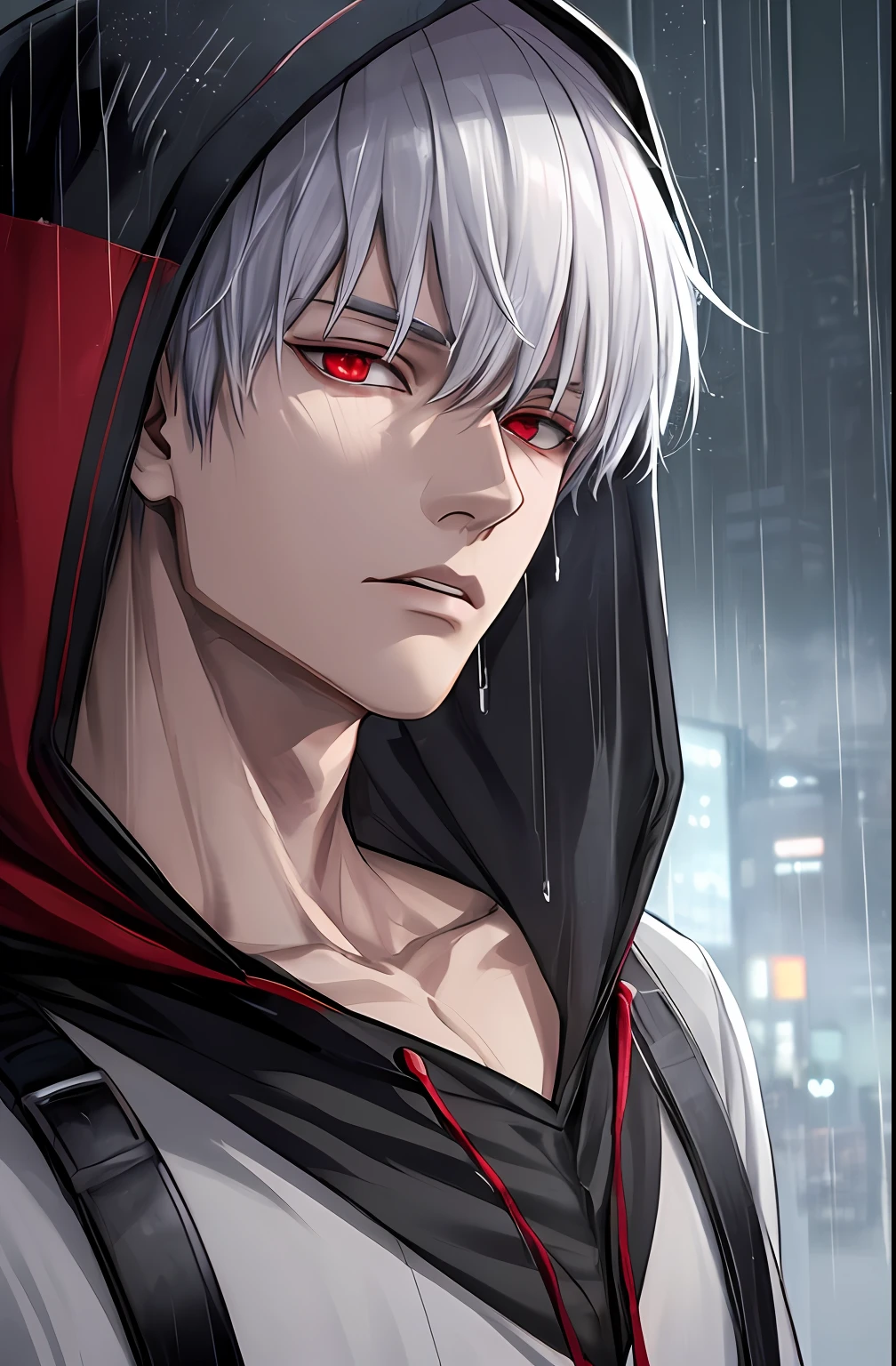 kk, best quality, more details, masterpiece, 1boy, kaneki ken, portrait, male focus, red eyes, solo, bangs, looking at viewer, hood, short hair, rain, tokyo tokyo \(city\),  hood up, nail polish, white hair, luxurious, 8k, detailed, ray tracing, depth of field, cinematic lighting,