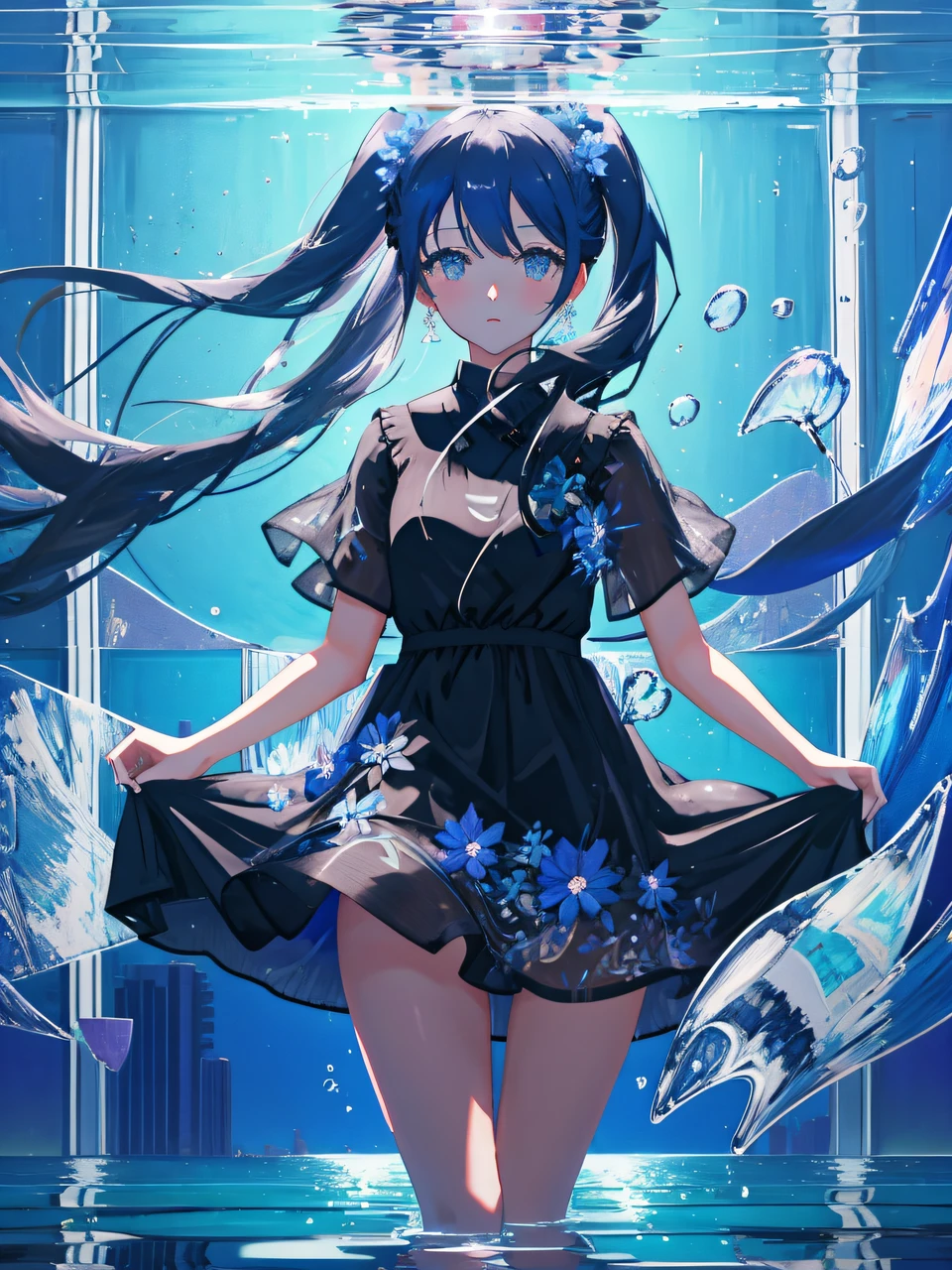 1girl, floating in the sky, black short twin tail hair, small breasts, blue flower patterned sundress, thighs, towering city in background, mirrored water below, soft lighting, masterpiece, best quality, movie still