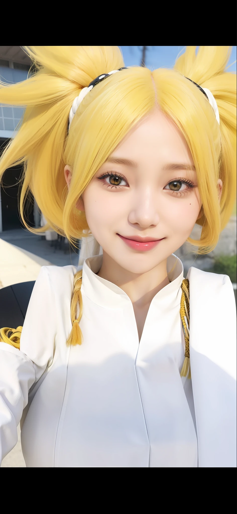 1 chica, temari, Cabello amarillo, pelo largo, Ojos amarillos, sonrisa, pechos muy grandes, ropa blanca, Realista, ultra detalle, fondo al aire libre