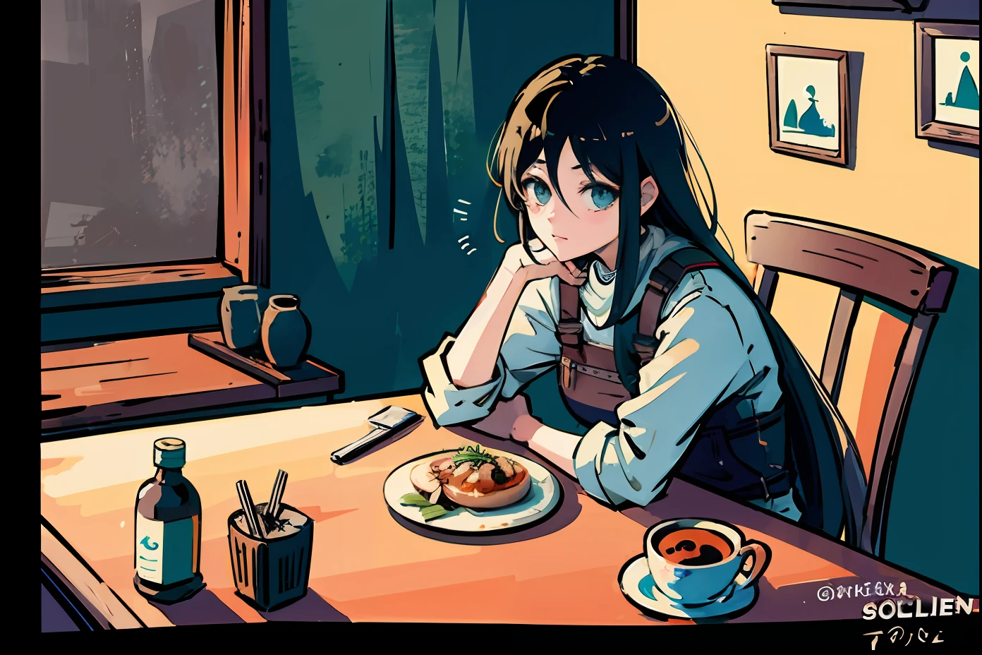 there is a woman sitting at a table with a plate of food, artwork in the style of guweiz, by Shingei, made with anime painter studio, painted in anime painter studio, high quality fanart, eren jaeger, eren yeager, from attack on titan, guweiz on pixiv artstation, grimgar, anime scene