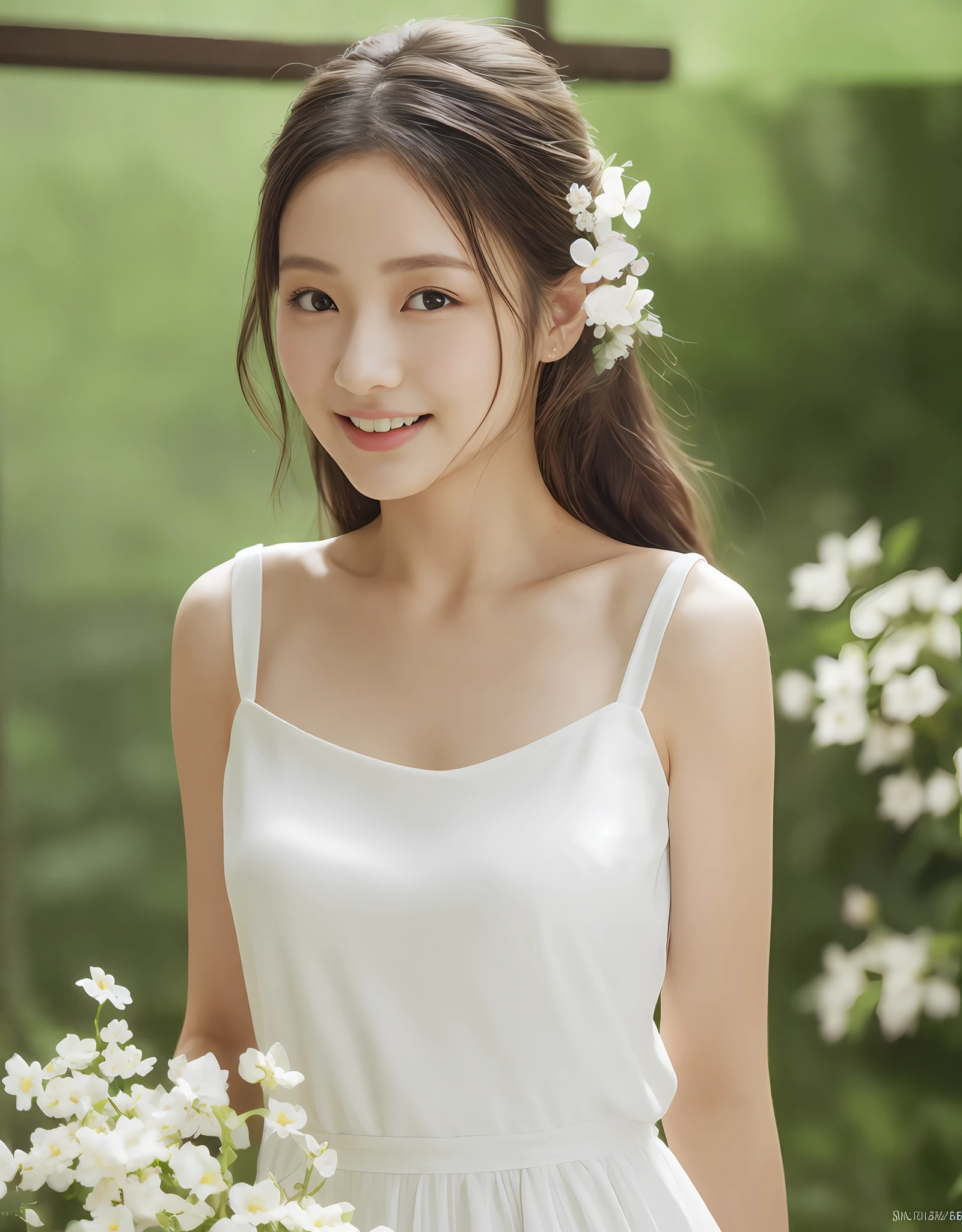 1girl in, flower, Dress, Solo, White Dress, Holding, Smile, Long hair, bouquet, Blurry, Looking at Viewer, holding flower bouquet, Blurry background, Brown hair, Hair Flower, Hair Ornament, Bare shoulders, tusk, white blossoms, Sleeveless dress, Sunlight, english text, Bare arms, artist name, Sleeveless, 鎖骨, Lips, blue flower, Realistic, watermarked, depth of fields, Open mouth, holding flowers, Bokeh, Backlighting, Curly hair, web address, pink flowers, Brown eyes, sundress, Black hair, Eyelashes, copyright name, amazing, finely detail, masutepiece,Best Quality,Official art, absurderes, unbelievable Ridiculous, huge filesize, Ultra-detailed, hight resolution, Extremely detailed,masutepiece, Best Quality, 超A high resolution, 8K, Raw photo, (Soft Focus:1.4),photographrealistic