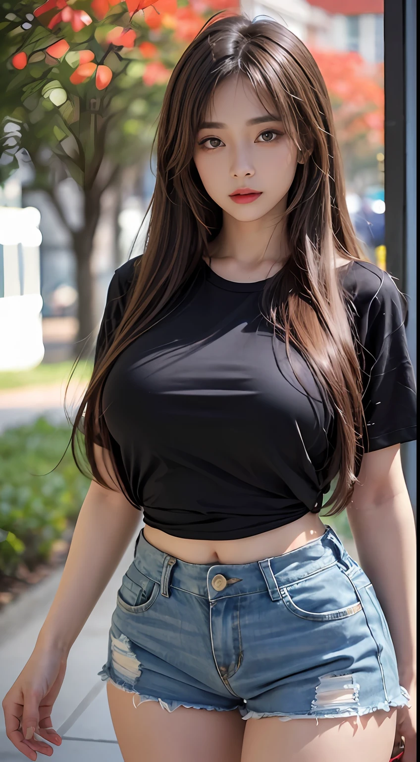 ((top quality, 8k, masterpiece: 1.3)), sensual woman, 1 girl, (slender figure: 1.2), dark brown hair, (outdoor, shirt, shorts: 1.1), ultra detailed face, detailed lips, detailed eyes, double eyelids, (huge breasts: 1.2)