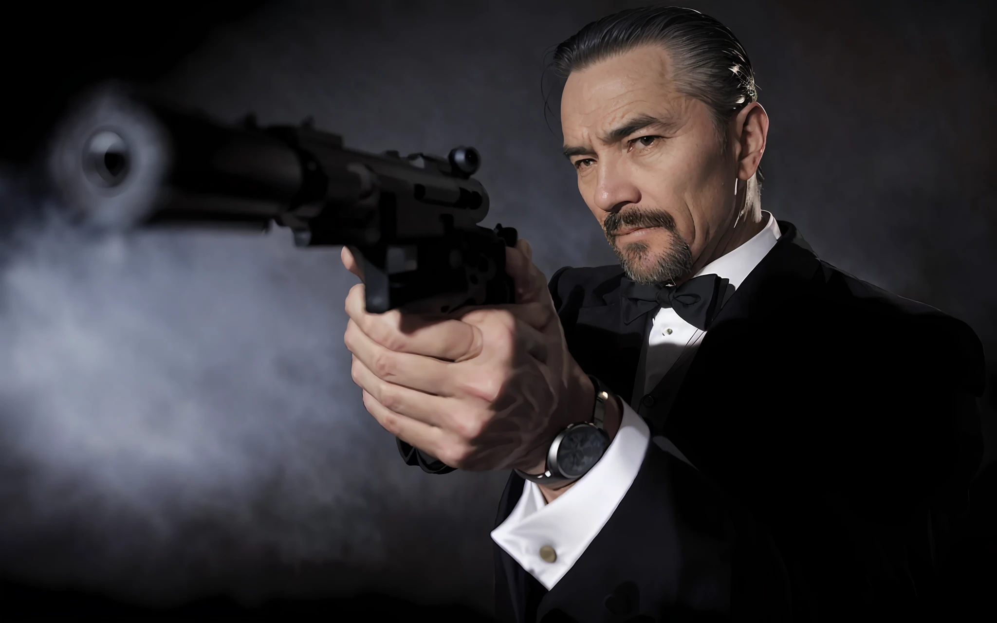 阿拉法德照片中一名身穿燕尾服、手持槍枝的亞洲中年男子, 有鬍子的， 經典邦德簽名鏡頭, 從皇家賭場，電影傑作, 擺出持槍姿勢