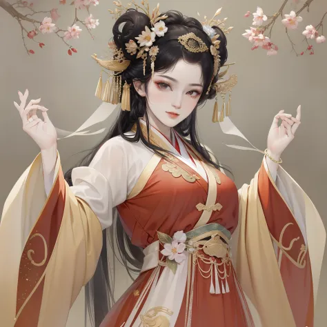 a beautiful girl in ancient china，the facial features are delicate and fair，cool temperament，red clothes，black hair coiled into ...