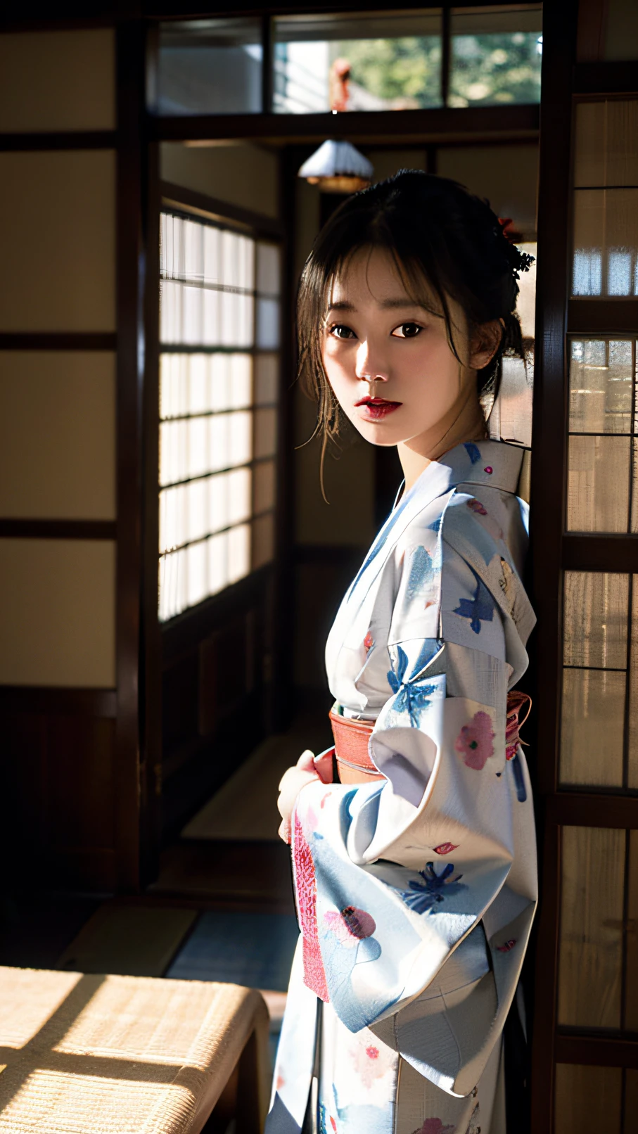 Background Kyoto townscape、House with lattice doors、Beautiful kimono、A Japanese Lady、(​masterpiece、top-quality、ighly detailed、8k、wall-paper、ultra-detailliert)、(RAW Photography:1.2)、
1girl in、独奏、inside the house、small head、、komono、hair is black、