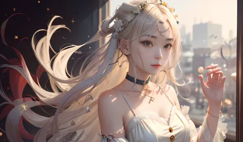 solo，Qiancheng Xue，full bodyesbian，A yellow-haired，(Best quality at best，tmasterpiece，A high resolution，1girl，Transparent silk porcelain dress，beautiful  face，hair adornments，looking at viewert，ssmile，closing the mouth，cparted lips，shift dresses，hair adorn...