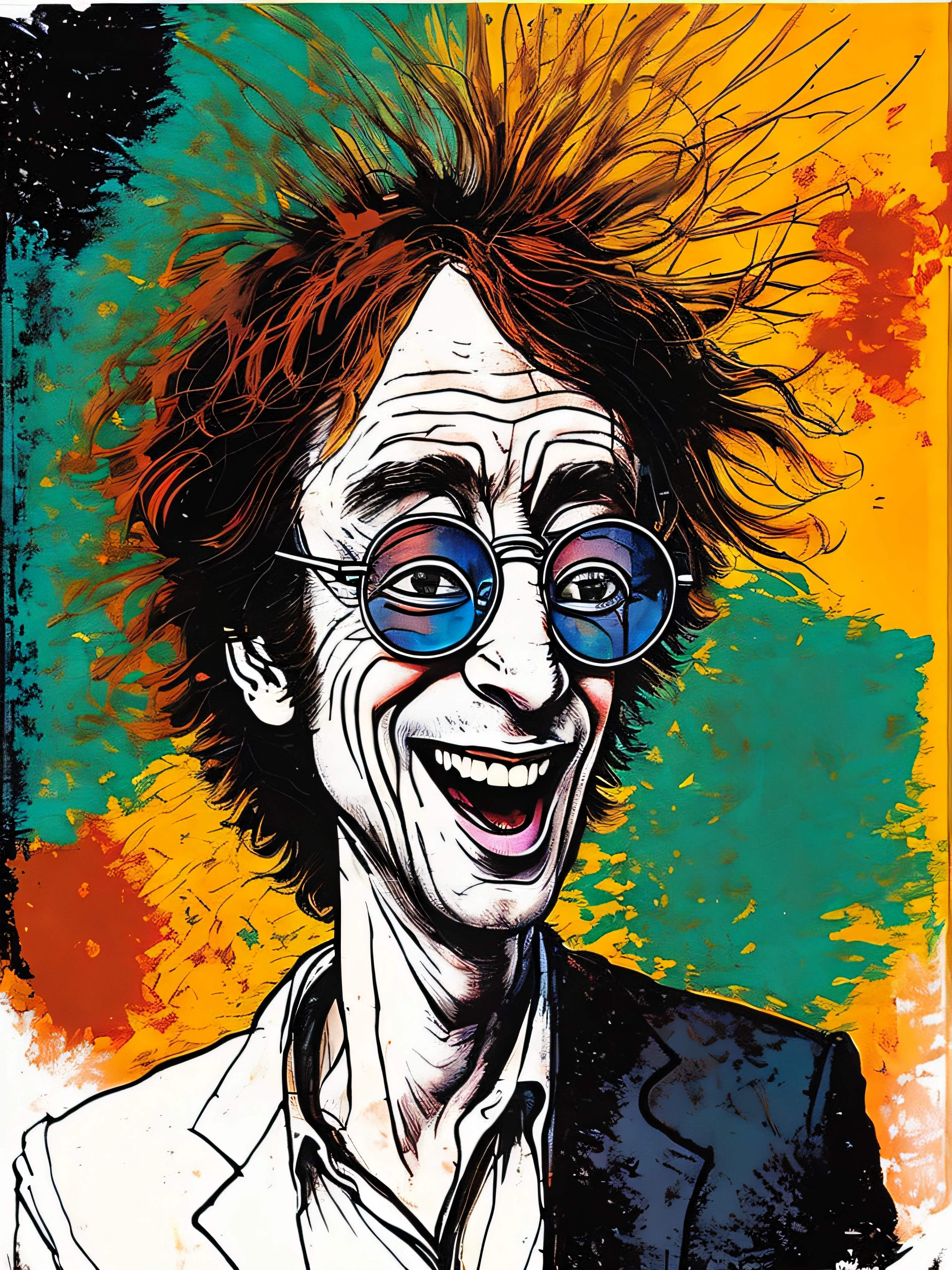 Painting of a man with red hair and glasses smiling, Velho John Lennon, John Lennon, Elton John Lennon, caricatura, estilo ralph steadman, Harry Volk Estilo Clip Art, inspirado em Harry Beckhoff, retrato dos desenhos animados, caricature illustration, inspirado em Tadanori Yokoo, Retrato de Harry Potter, estilo caricatura, illustration!, John Lennon como um besouro de veado