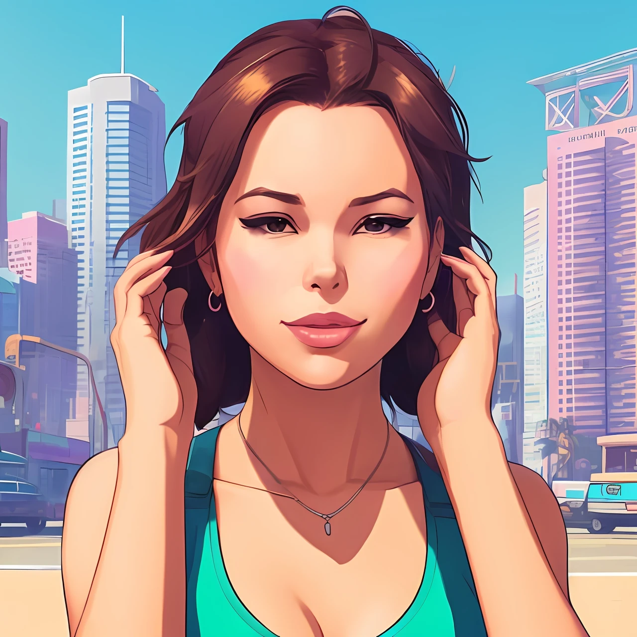 A woman in a green top and a city skyline - SeaArt AI